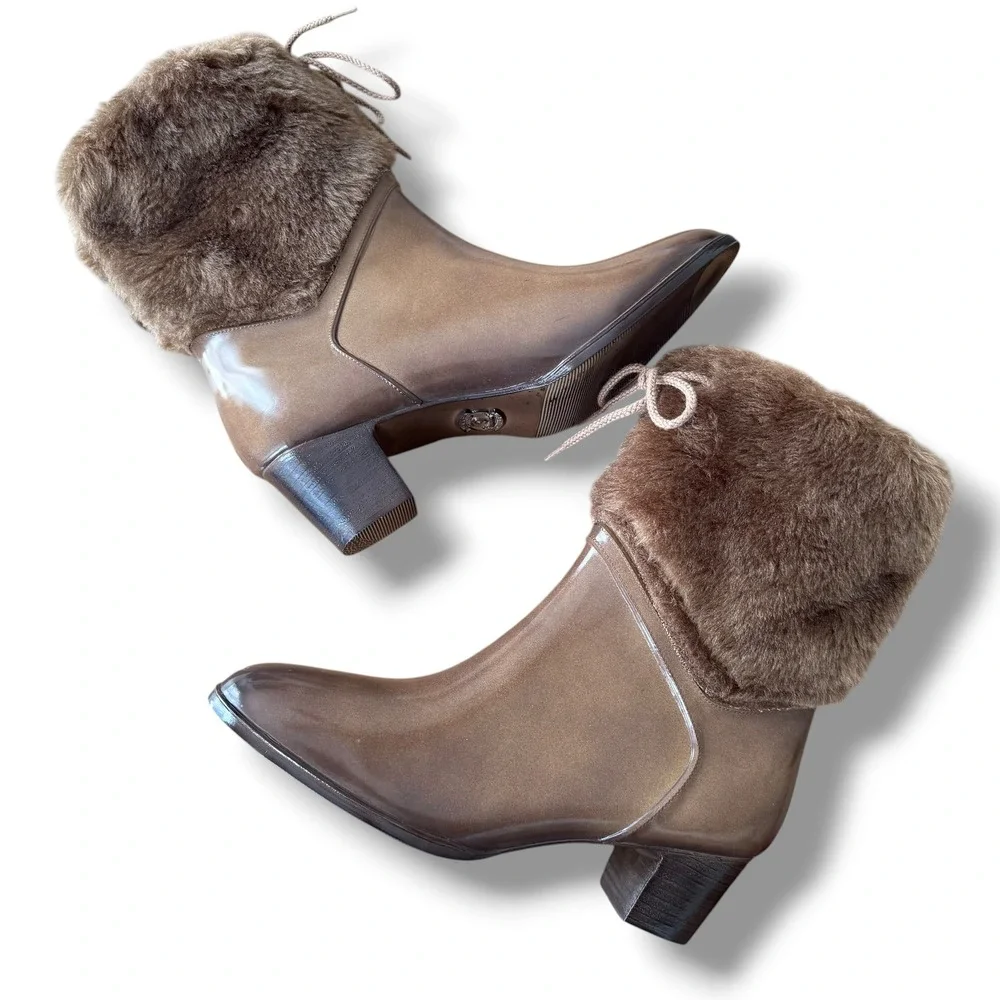 Vintage Brown Faux Fur Trim Rain Boots Womens Size 9 Block Heel Made in USA